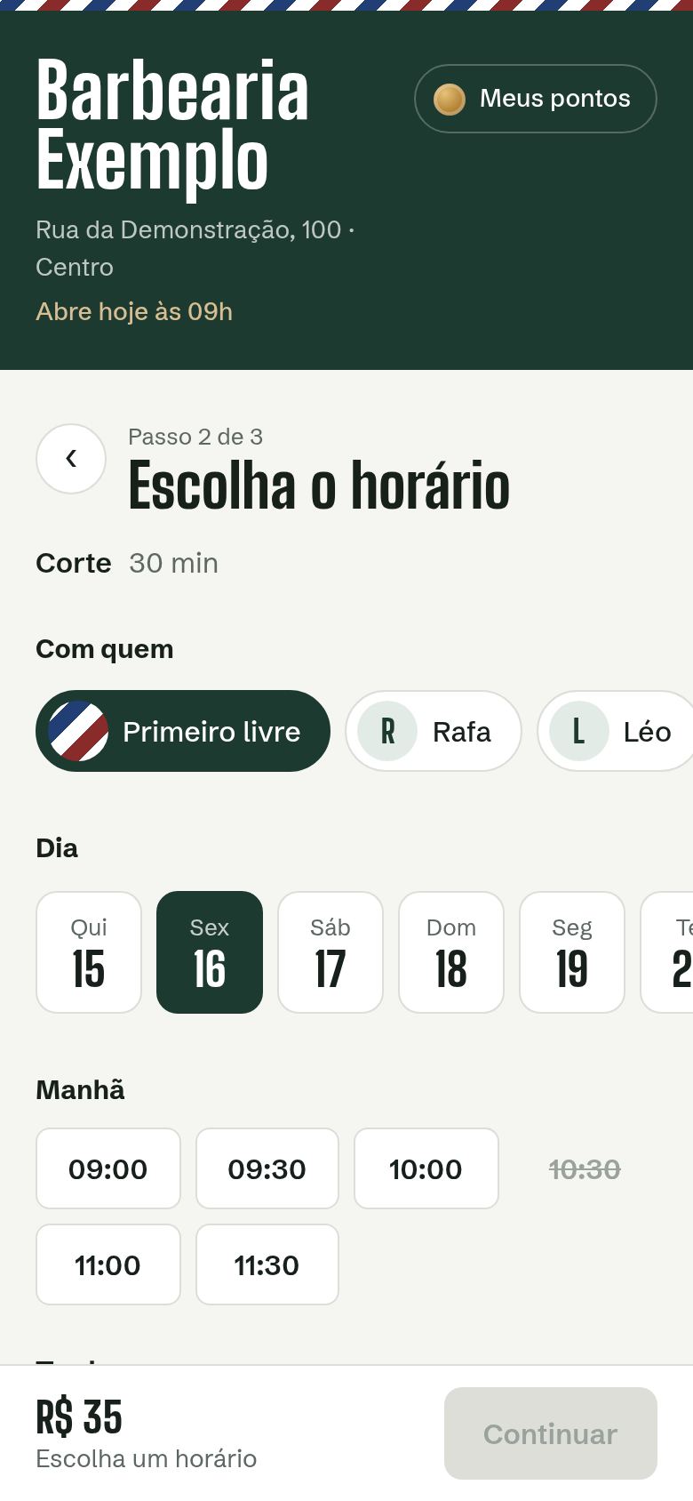 Tela de agendamento com escolha de barbeiro, dia e horário